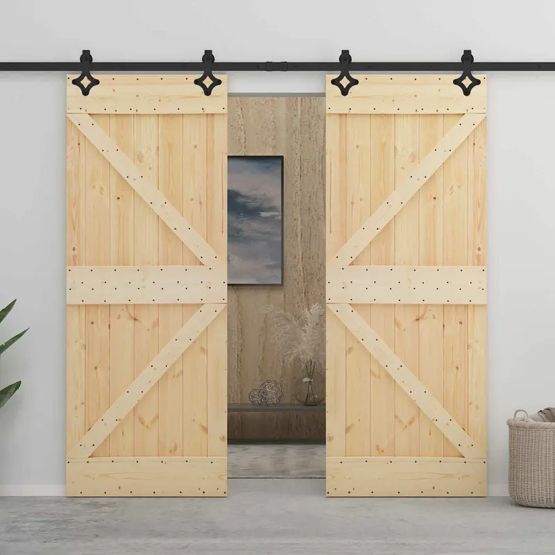 Puerta Corredera 2 pcs Natural y negro Madera de Pino Maciza