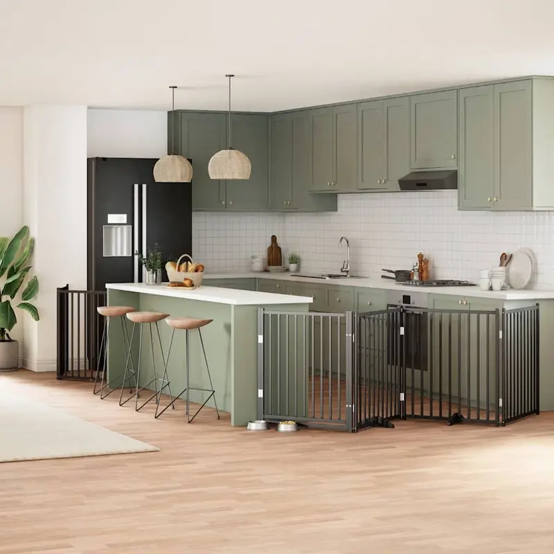 Puerta de perros plegable 8 paneles madera álamo negra 640 cm