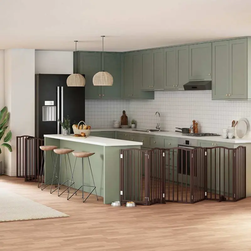 Puerta de perros plegable 9 paneles madera álamo marrón 450 cm