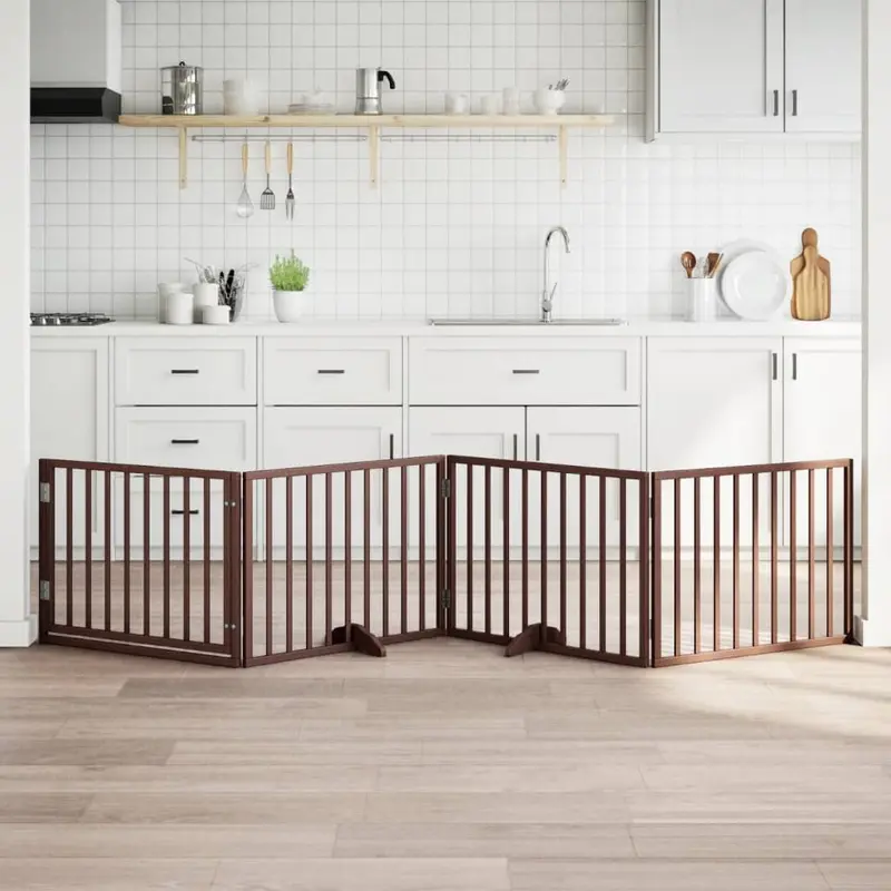 Puerta para perros con puerta plegable de 4 paneles marrón 320 cm madera de álamo