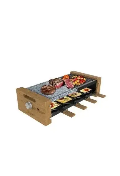 Raclette con 2 placas de acero y piedra natural tiene 8 sartenes individuales cheese&grill 8400 wood mixgrill de Cecotec