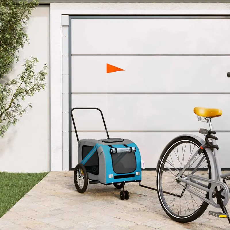 Remolque de bicicleta mascotas hierro tela Oxford azul gris