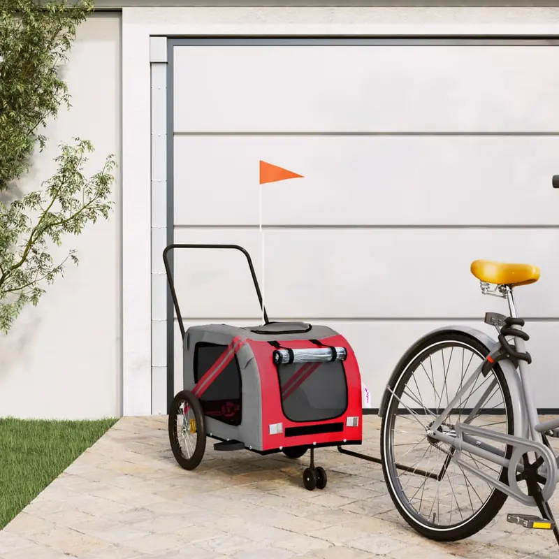 Remolque de bicicleta mascotas hierro tela Oxford rojo gris