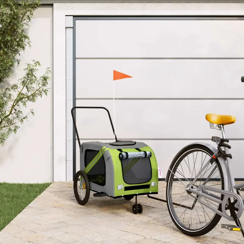 Remolque de bicicleta mascotas hierro tela Oxford verde gris