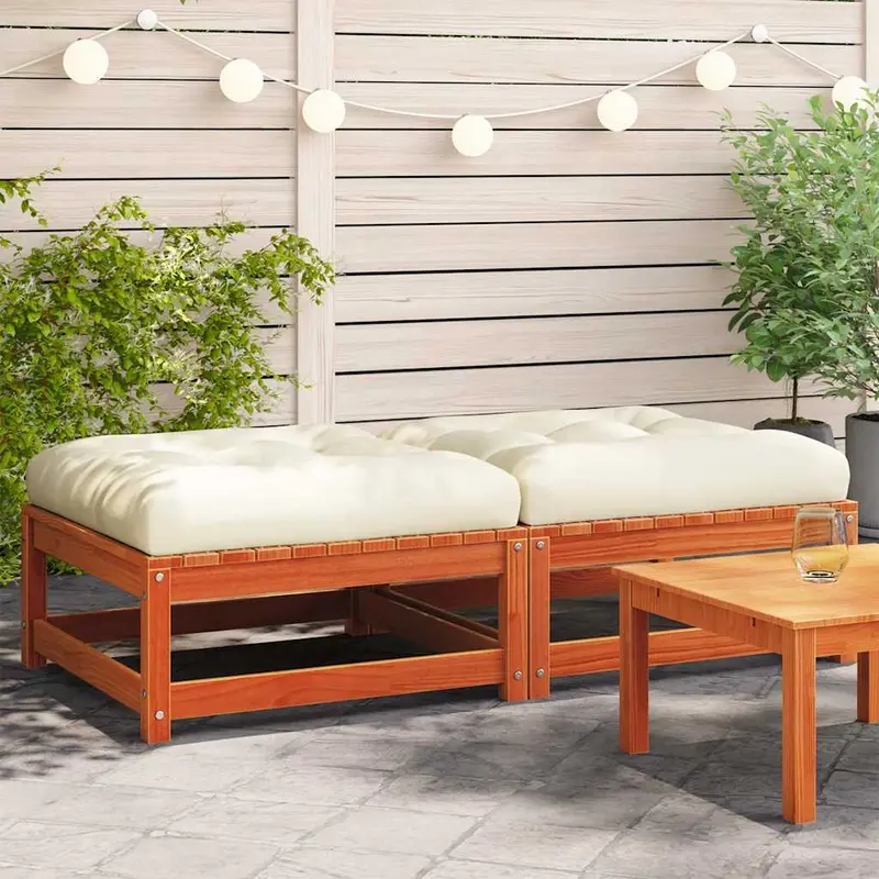 Reposapiés jardín cojines 2 uds madera maciza pino marrón cera