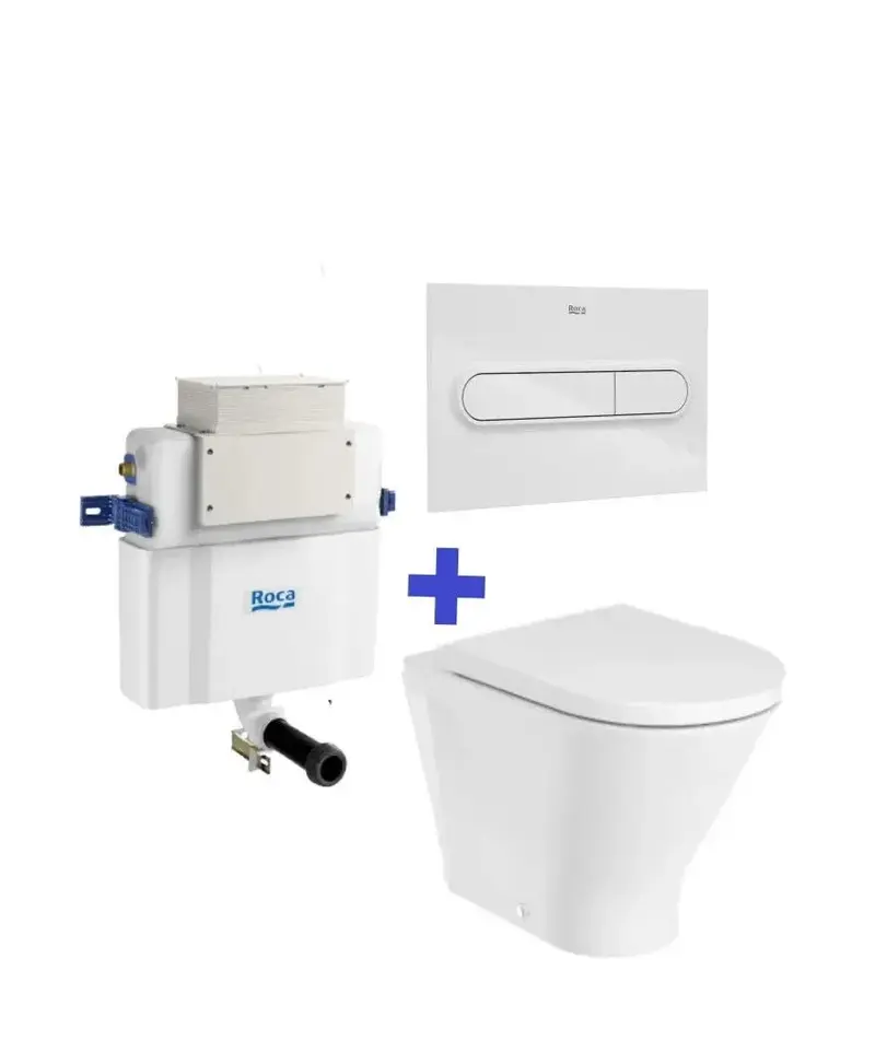 ROCA Basic Tank Pack de inodoro a suelo Rimless adosado a pared salida dual The Gap Round con cisterna empotrada doble descarga