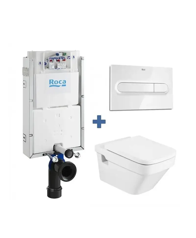 Roca Dama Basic Pack de inodoro suspendido salida horizontal de forma cuadrada recomendado para espacios públicos