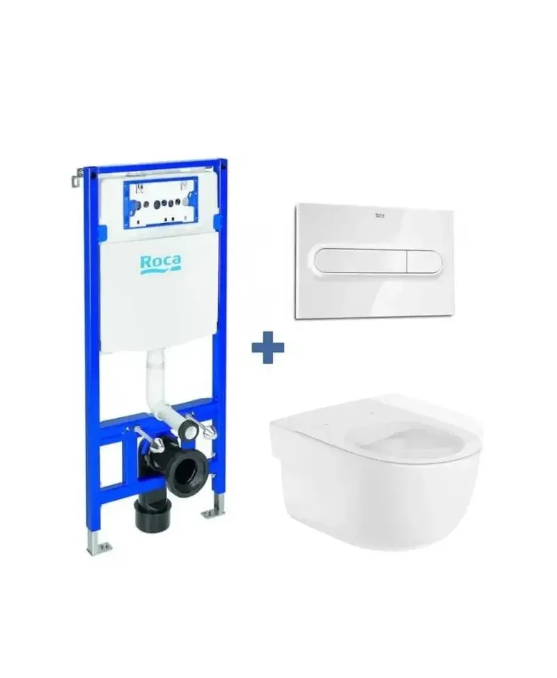 ROCA Duplo Meridian Pack inodoro Rimless suspendido salida horizontal con placa pulsadora y cisterna empotrada