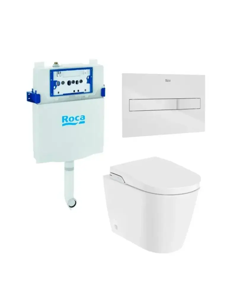ROCA Inspira In Wash Pack inodoro a suelo salida horizontal con sistema de autolimpieza Rimless con cisterna empotrada y placa pulsadora