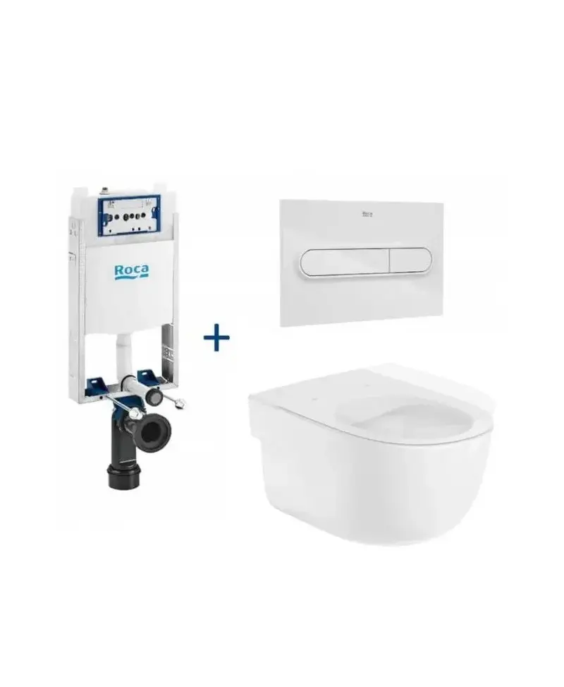 Roca Meridian Basic Pack inodoro rimless suspendido salida horizontal con cisterna empotrada y placa pulsadora