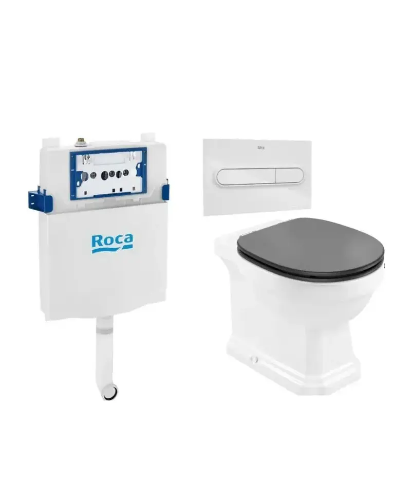 ROCA Pack inodoro de salida dual con taza tapa amortiguada gris oscura cisterna y placa pulsadora Rimless