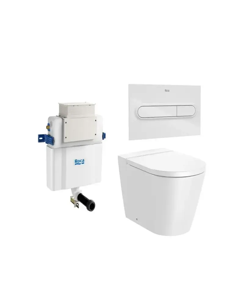 ROCA ROUND Inspira Pack inodoro adosado a pared Rimless salida dual con tapa amortiguada placa y cisterna