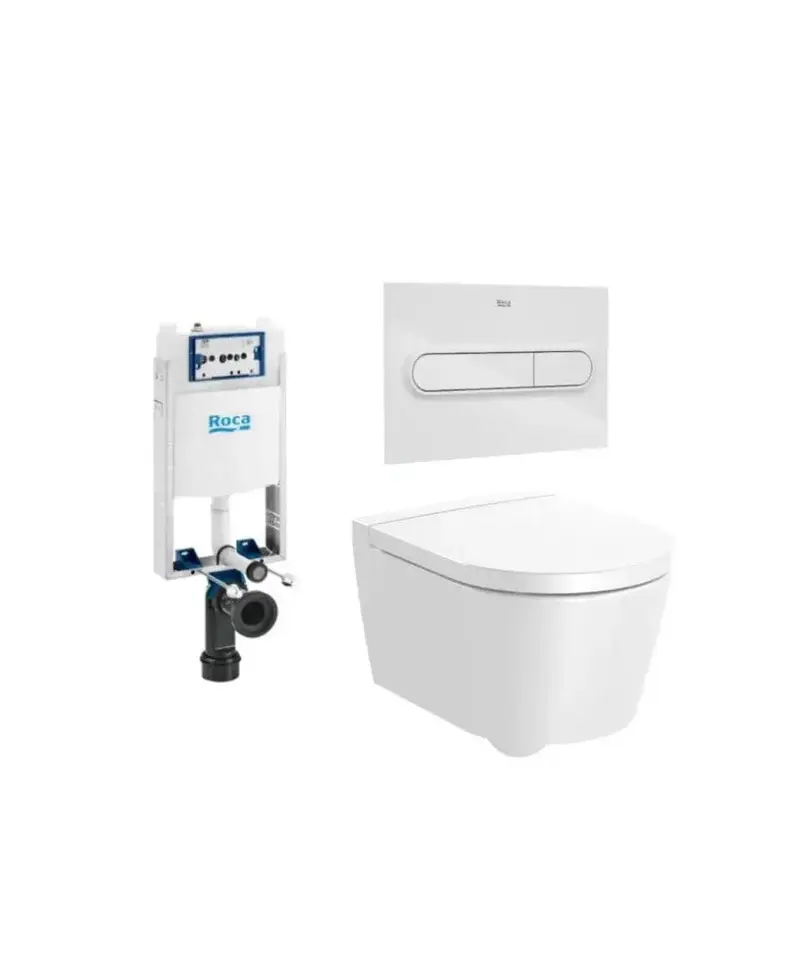 ROCA ROUND Pack de inodoro suspendido Rimless 48 cm de fondo salida horizontal con tapa placa pulsadora y cisterna