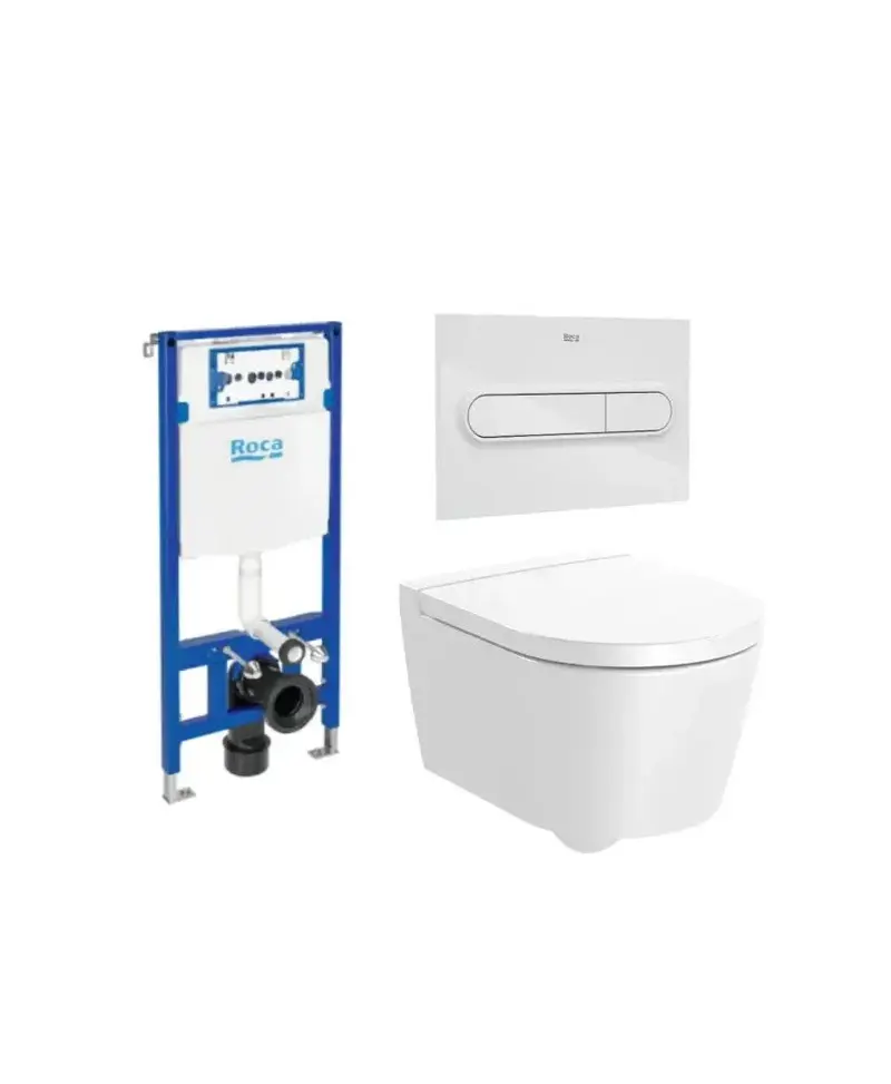 ROCA ROUND Pack de inodoro suspendido Rimless 48 cm de fondo salida horizontal tapa amortiguada cisterna placa pulsadora