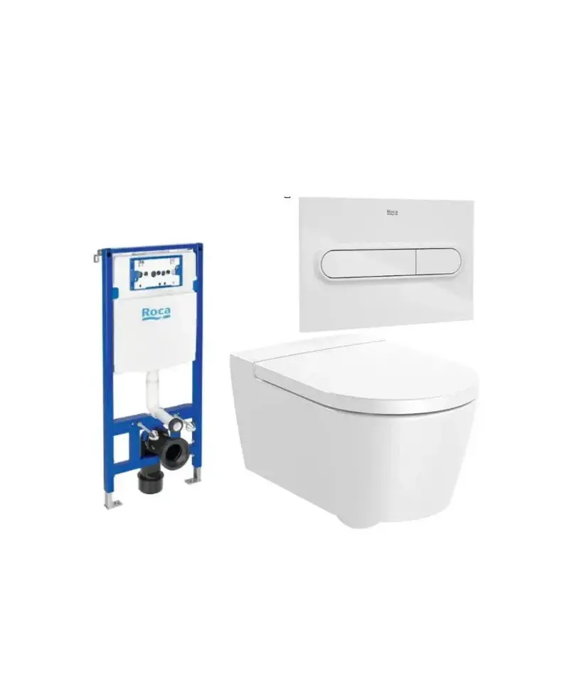 ROCA ROUND Pack de inodoro suspendido Rimless salida horizontal con tapa amortiguada cisterna placa pulsadora