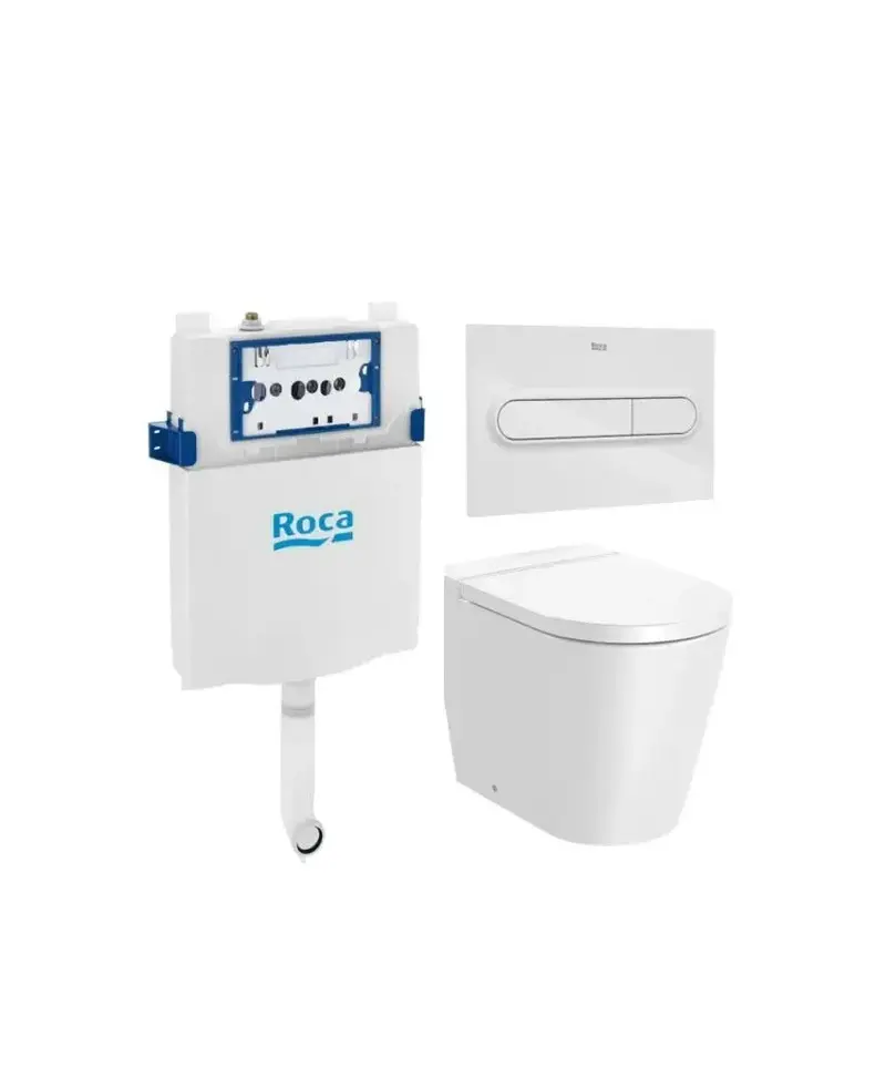 ROCA ROUND Pack inodoro adosado a pared Rimless salida dual placa pulsadora cisterna y tapa amortiguada