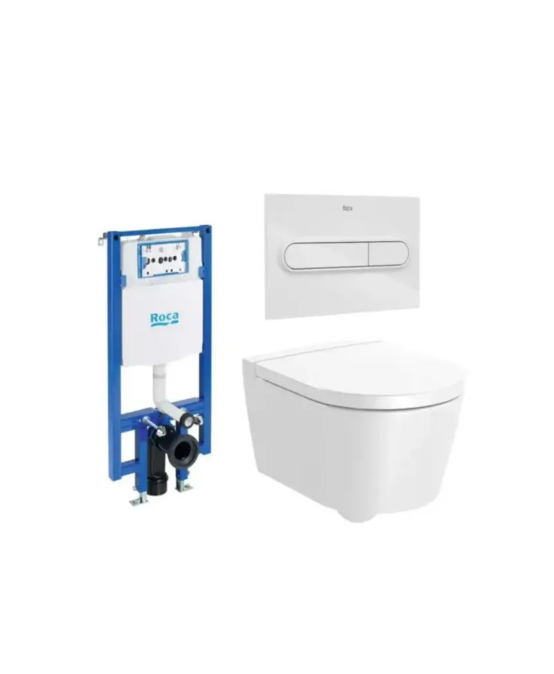 ROCA ROUND Pack inodoro suspendido Rimless 48 cm de fondo salida horizontal tapa amortiguada cisterna y placa pulsadora