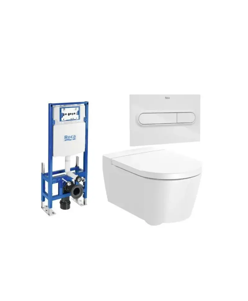 ROCA ROUND Pack inodoro suspendido Rimless 56 cm de fondo de salida horizontal con tapa cisterna y placa pulsadora