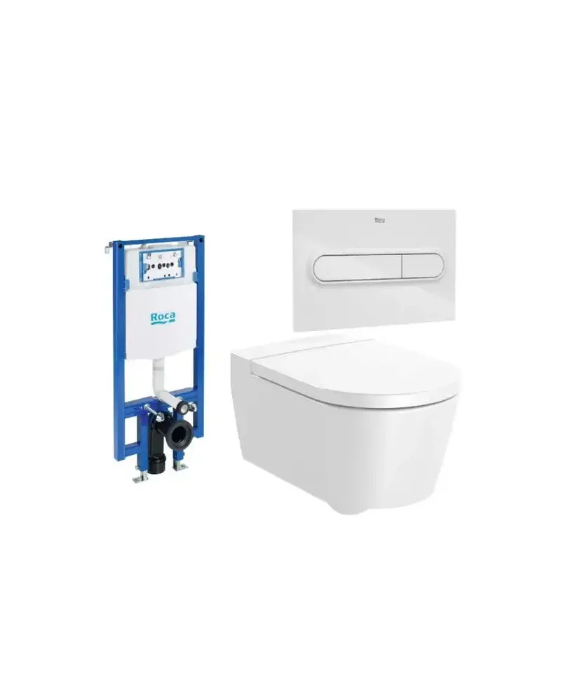 ROCA ROUND Pack inodoro suspendido Rimless salida horizontal tapa amortiguada cisterna placa pulsadora
