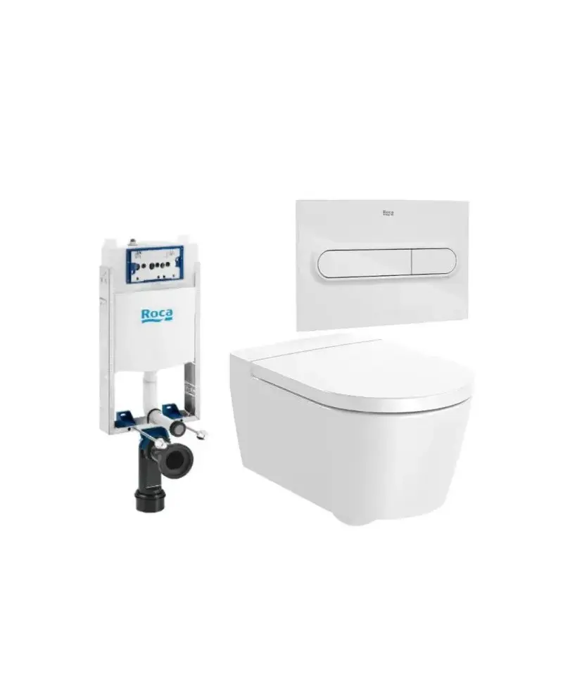 ROCA ROUND Pack inodoro suspendido Rimless salida horizontal tapa amortiguada cisterna y placa pulsadora
