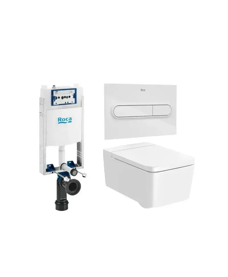 ROCA SQUARE Pack inodoro suspendido Rimless con placa pulsadora tapa y cisterna salida horizontal