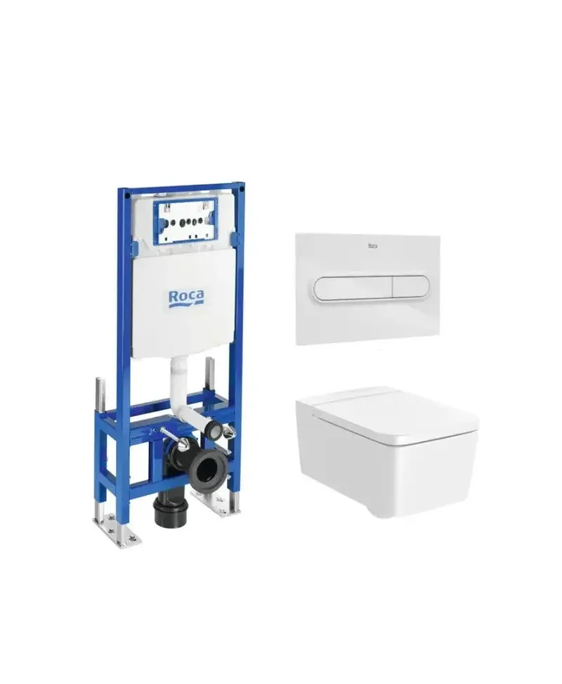 ROCA SQUARE Pack inodoro suspendido Rimless de salida horizontal placa pulsadora cisterna y tapa amortiguada