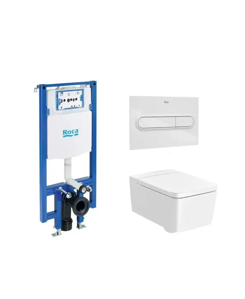 ROCA SQUARE Pack inodoro suspendido salida horizontal con tapa de cierre amortiguado cisterna y placa pulsadora Rimless