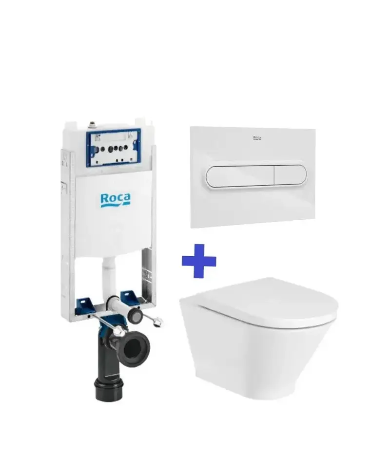 Roca The Gap Round Pack de inodoro Rimless suspendido salida horizontal y cisterna compacta empotrable doble descarga Basic WC One Compact