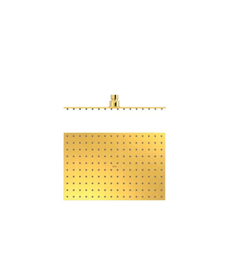 Rociador de ducha rectangular con rótula orientable en acero inoxidable acabado en oro de 30 cm Tres