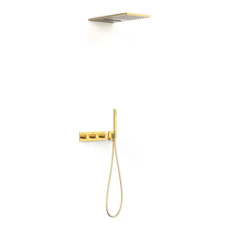 Rociador de ducha rectangular con teleducha y grifo termostático de tres vías, acabado dorado B-SYSTEM TRES