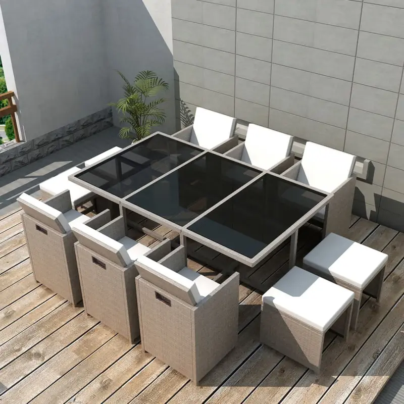 Set comedor de jardín 11 piezas y cojines ratán sintético beige