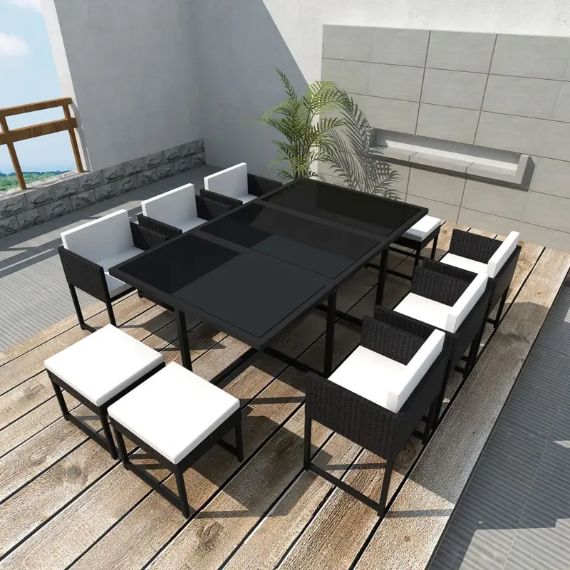 Set comedor de jardín 11 piezas y cojines ratán sintético negro