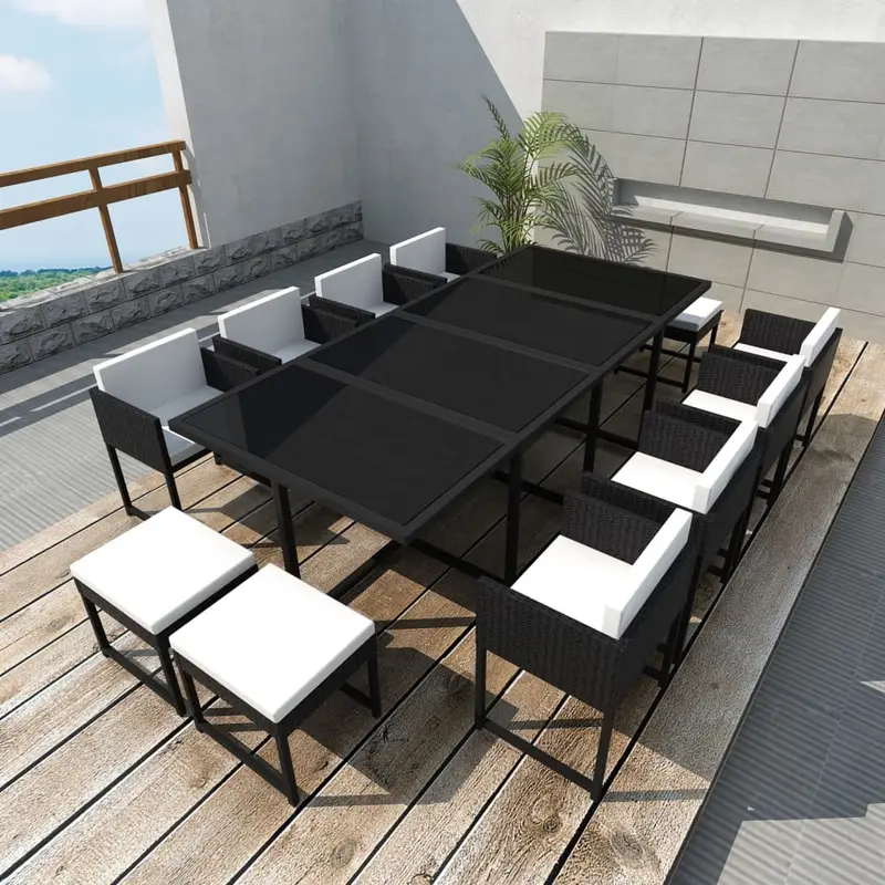 Set comedor de jardín 13 piezas y cojines ratán sintético negro