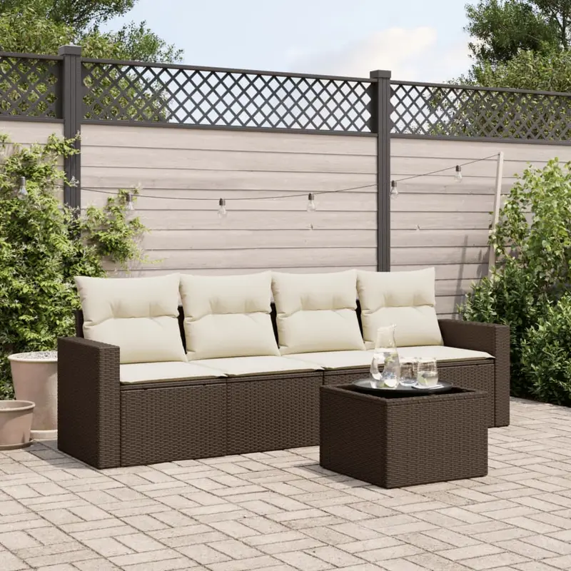 Set comedor de jardín 5 piezas y cojines ratán sintético marrón