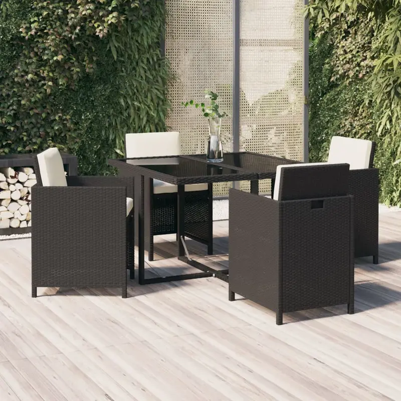 Set comedor de jardín 5 pzas con cojines ratán sintético negro