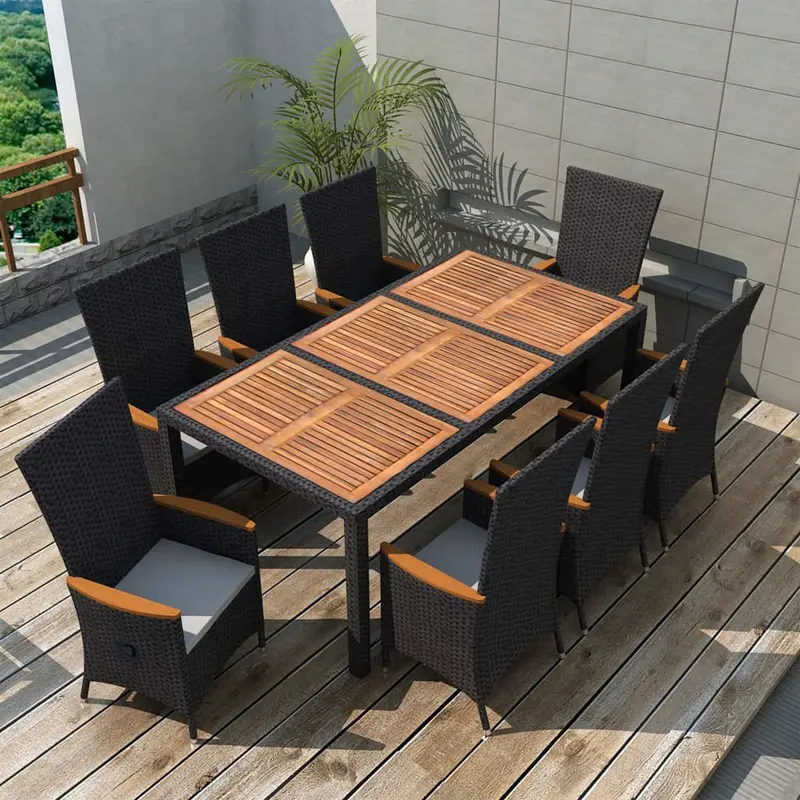 Set comedor jardín 9 pzas ratán sintético y madera acacia negro