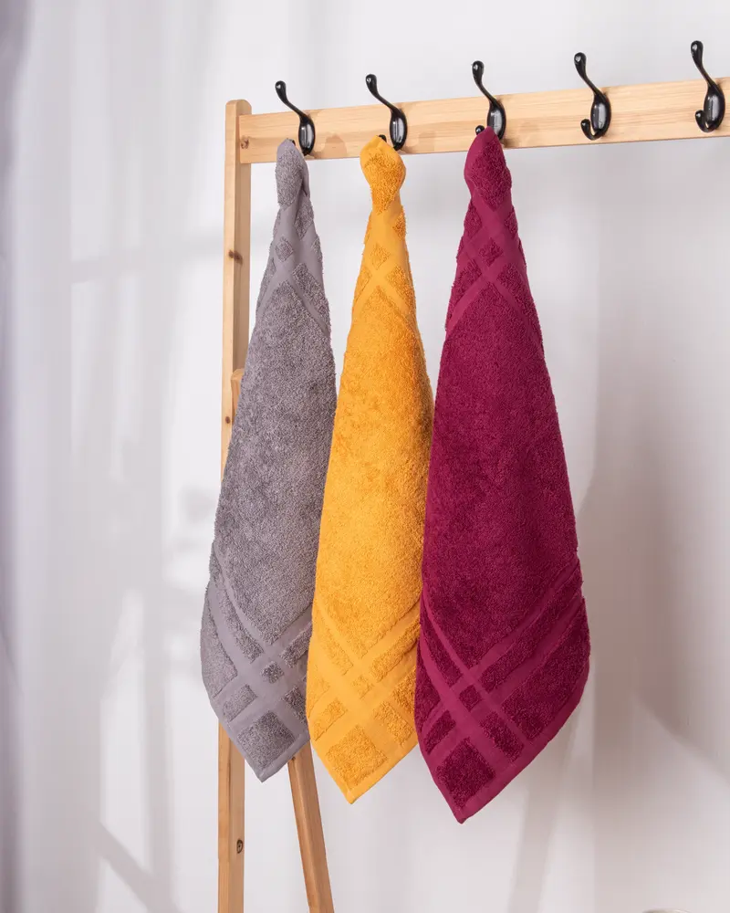 Set de 3 Paños de Cocina Deskarao Rizo Melocotón, Gris y Vino