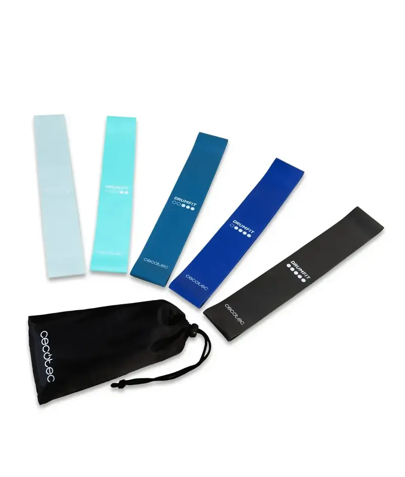 Set de 5 cintas elásticas DrumFit de resistencia en látex con niveles y bolsa de transporte incluida Cecotec
