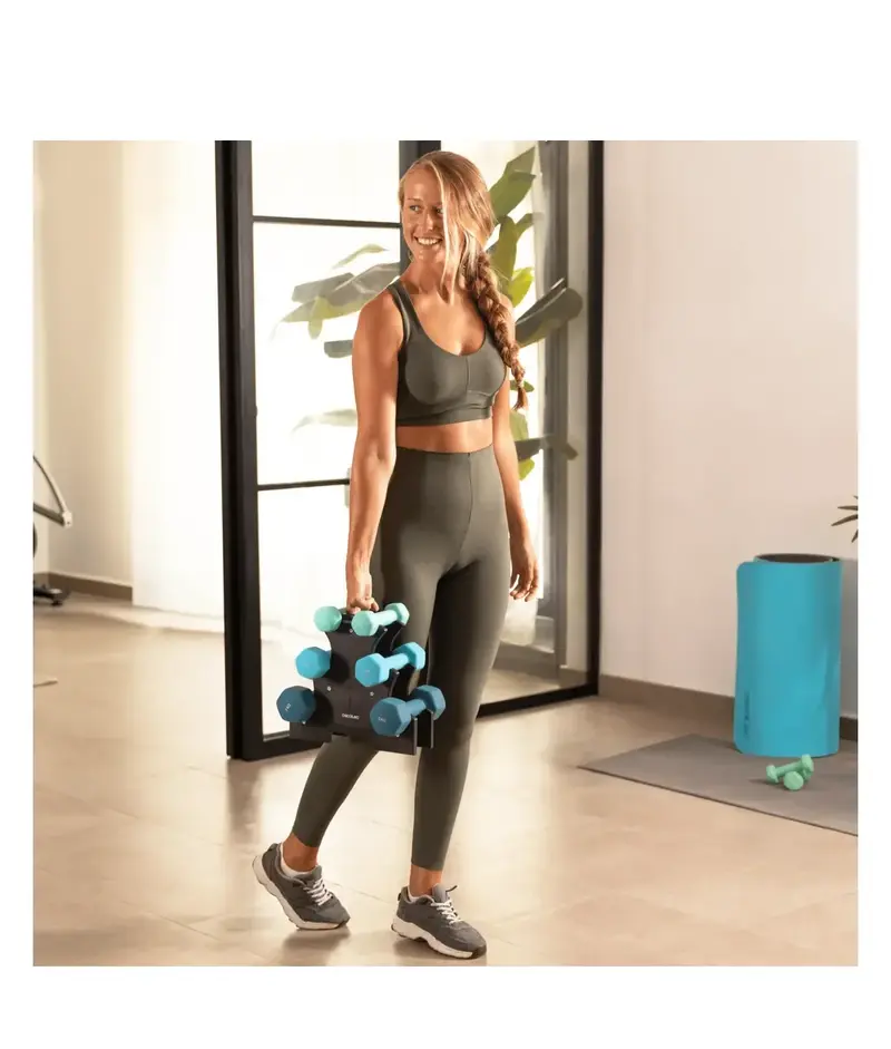 Set de 6 mancuernas hexagonales DrumFit de neopreno sweatproof para un agarre cómodo y almacenamiento fácil Cecotec