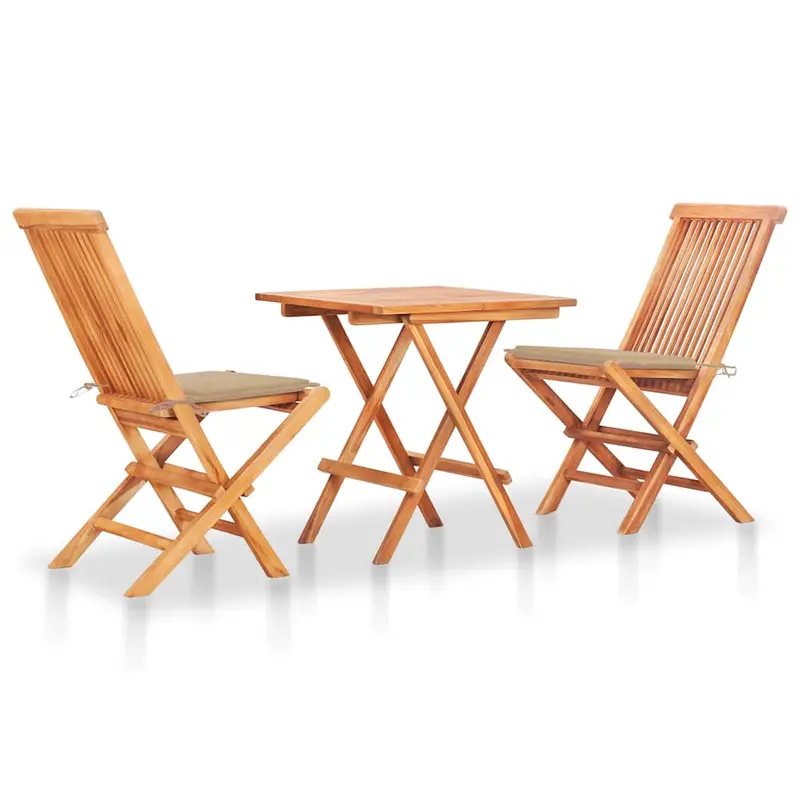 Set de bistró 3 piezas con cojines beige madera maciza teca