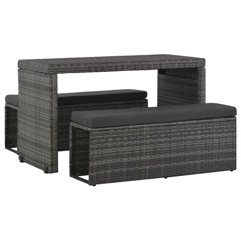 Set de comedor de jardín 3 pzs y cojines ratán sintético gris