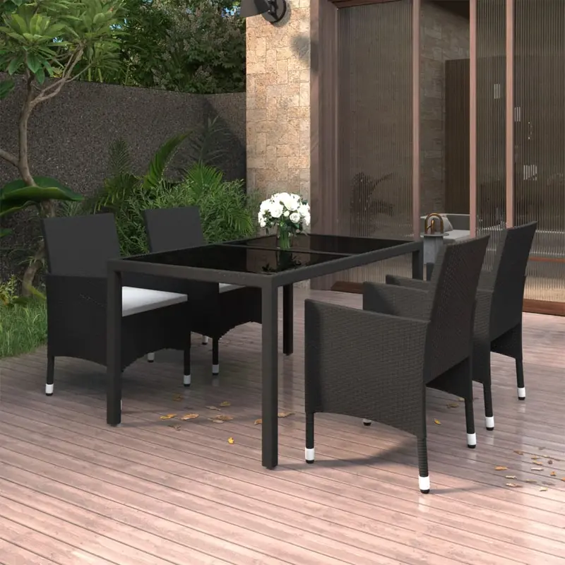 Set de comedor de jardín 5 pzas ratán PE vidrio templado negro