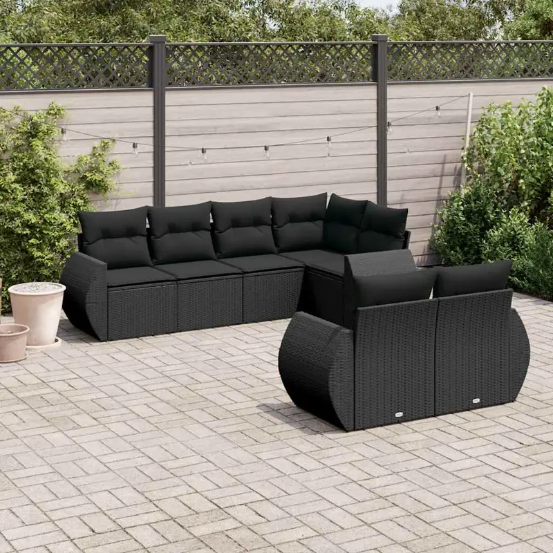 Set de comedor de jardín 7 pzas y cojines ratán sintético negro