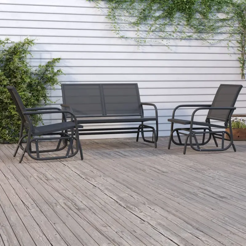 Set de muebles con mecedoras jardín 3 pzs acero textilene negro