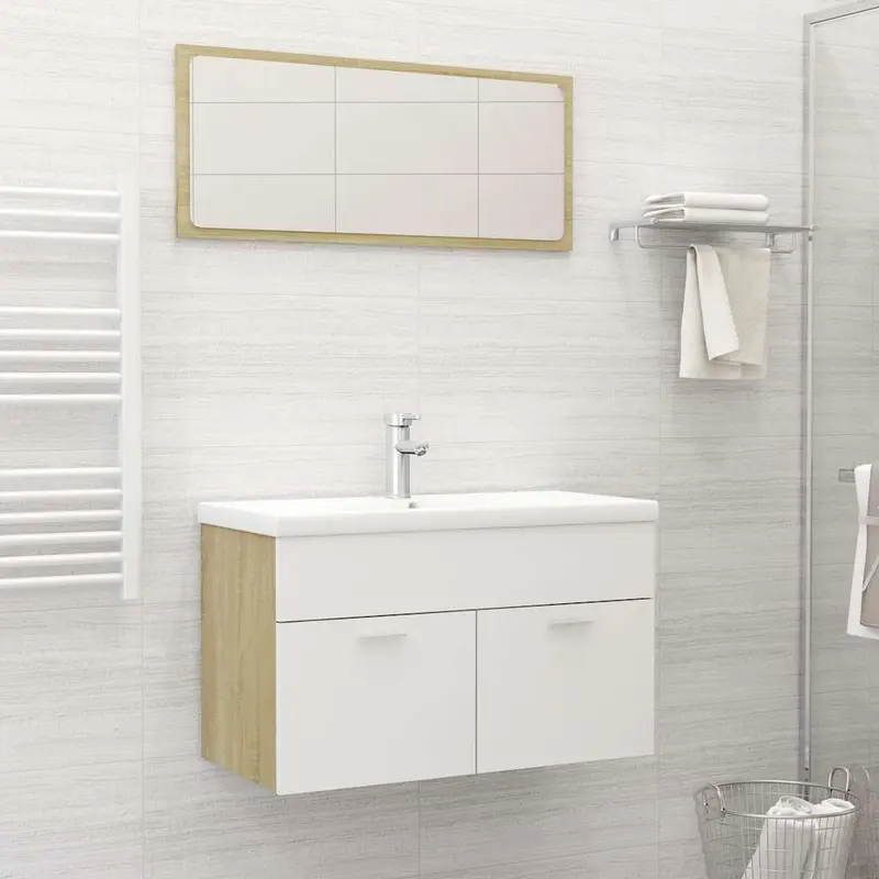 Set de muebles de baño madera ingeniería blanco y roble Sonoma