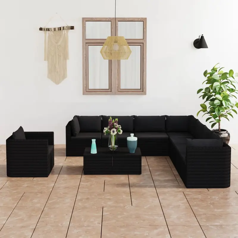 Set de muebles de jardín 10 pzas cojines ratán sintético negro