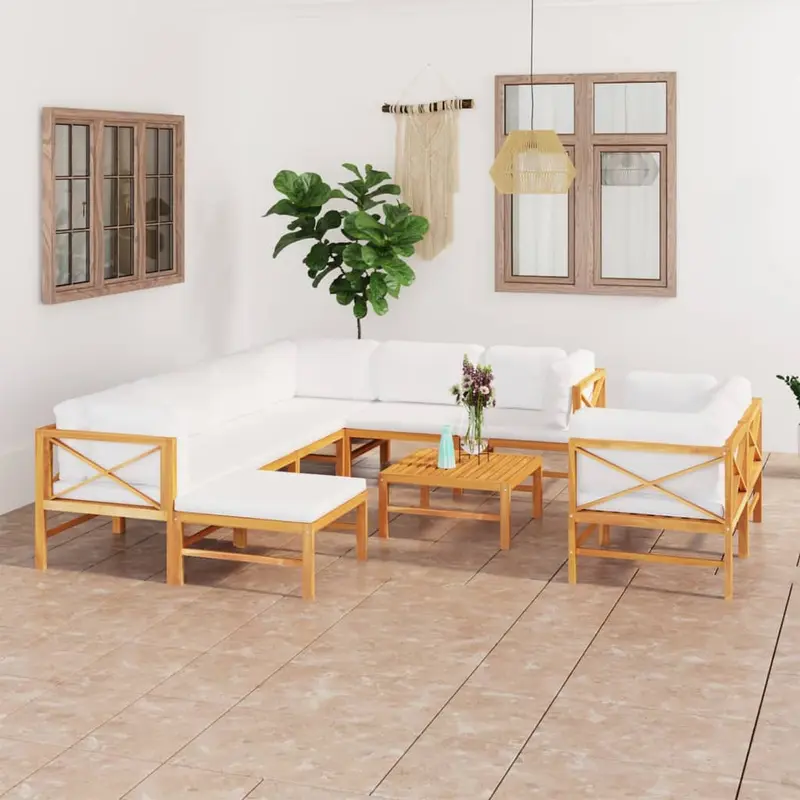 Set de muebles de jardín 10 pzas madera de teca y cojines crema