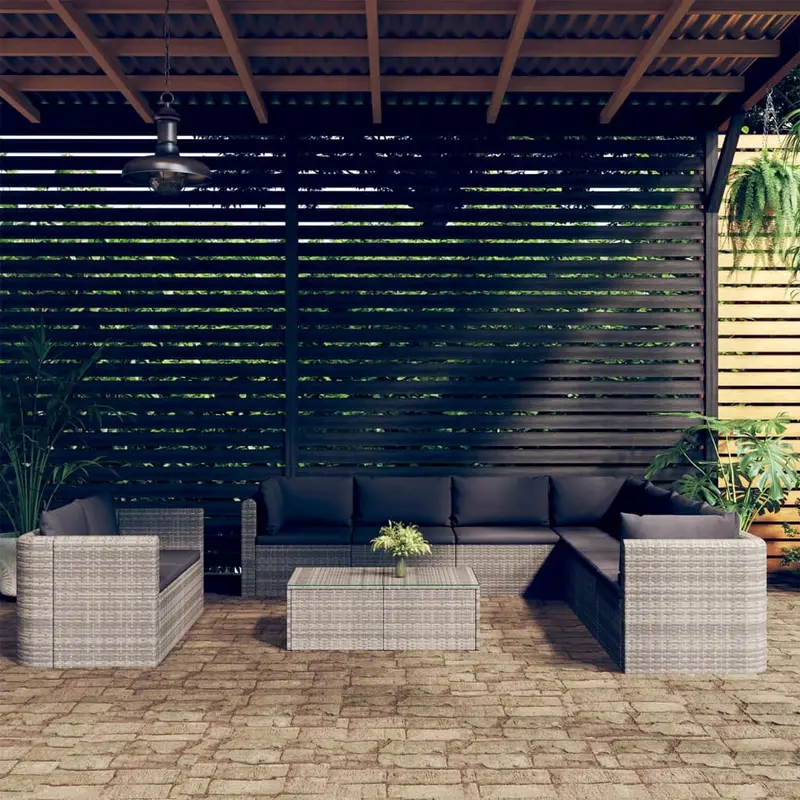 Set de muebles de jardín 10 pzas y cojines ratán sintético gris
