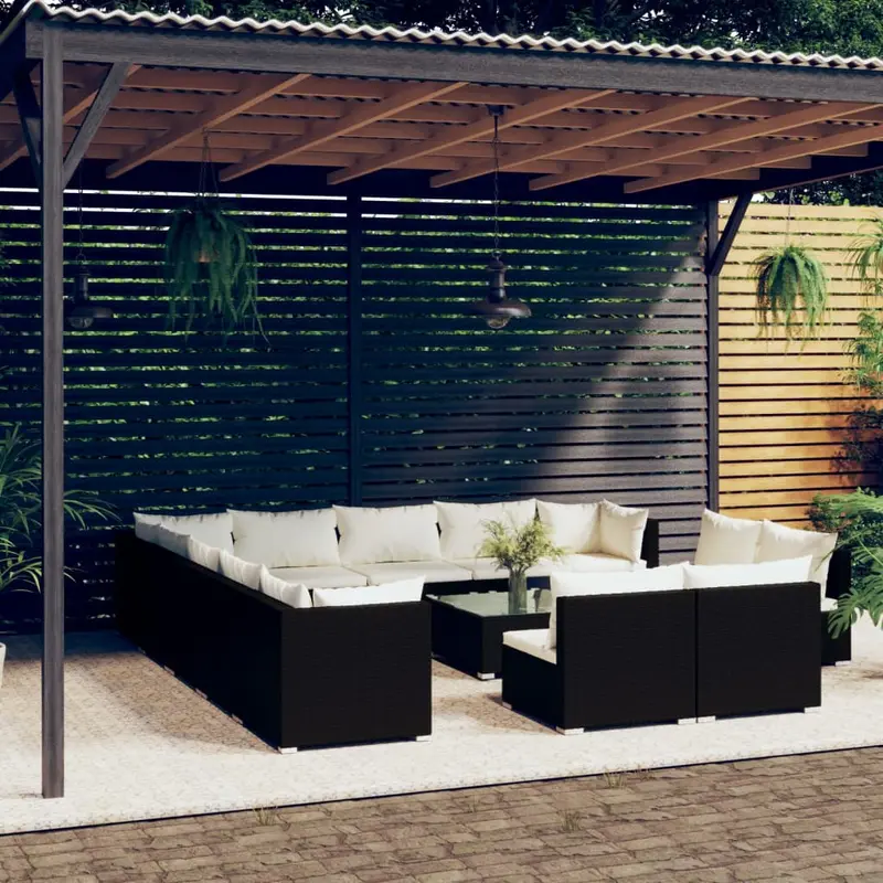 Set de muebles de jardín 14 pzas cojines ratán sintético negro