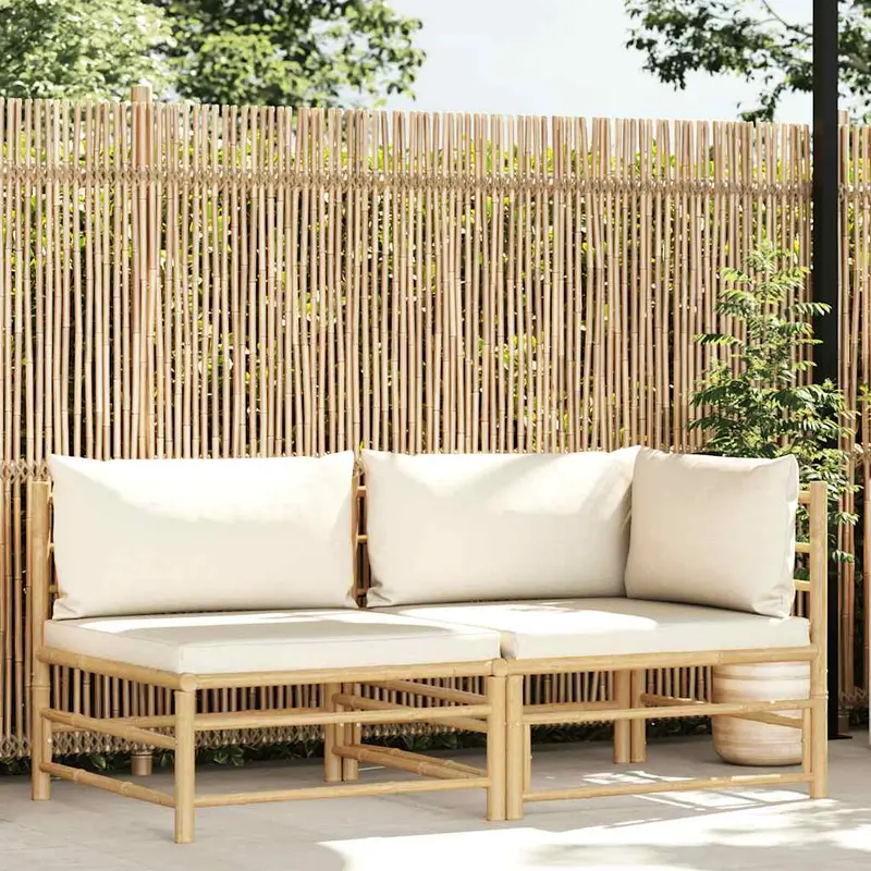 Set de muebles de jardín 2 piezas bambú y cojines blanco crema